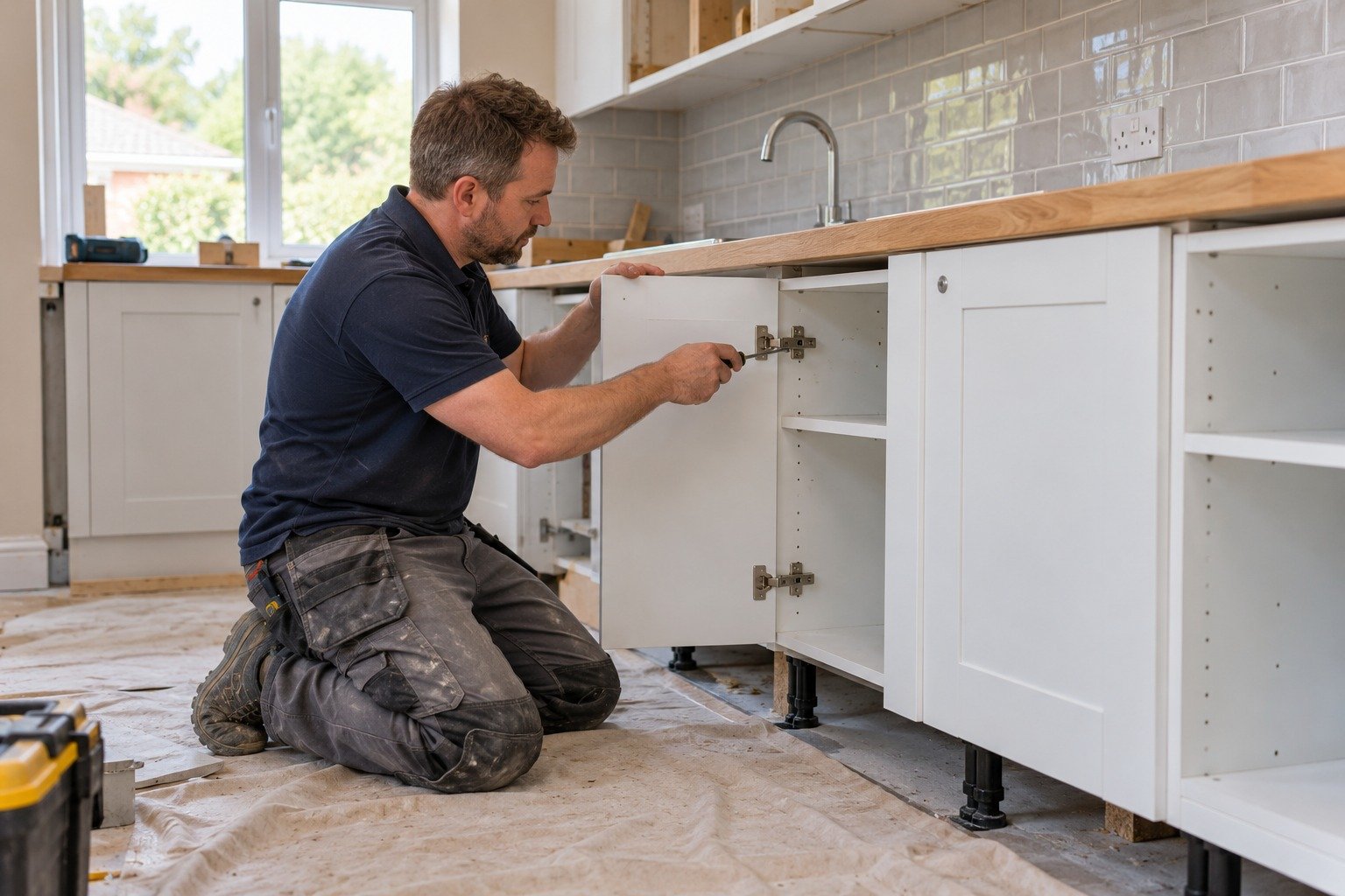 Kitchen fitter kneeling beside base cabinets and adjusting an open cupboard door hinge