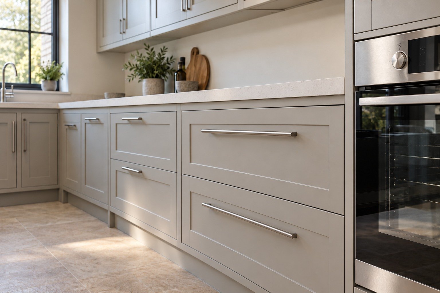 Pale shaker kitchen cabinetry with closed drawers beside a built-in oven
